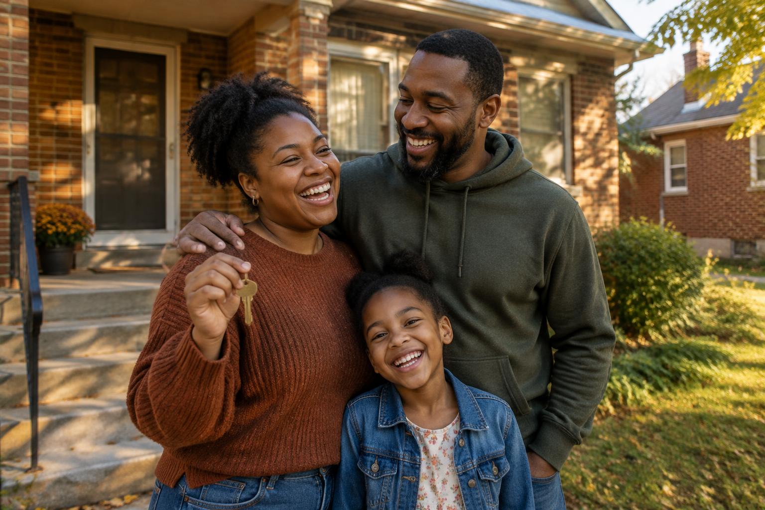 A first-time buyer family in Wayne, Oakland and Macomb counties outside the home they just bought