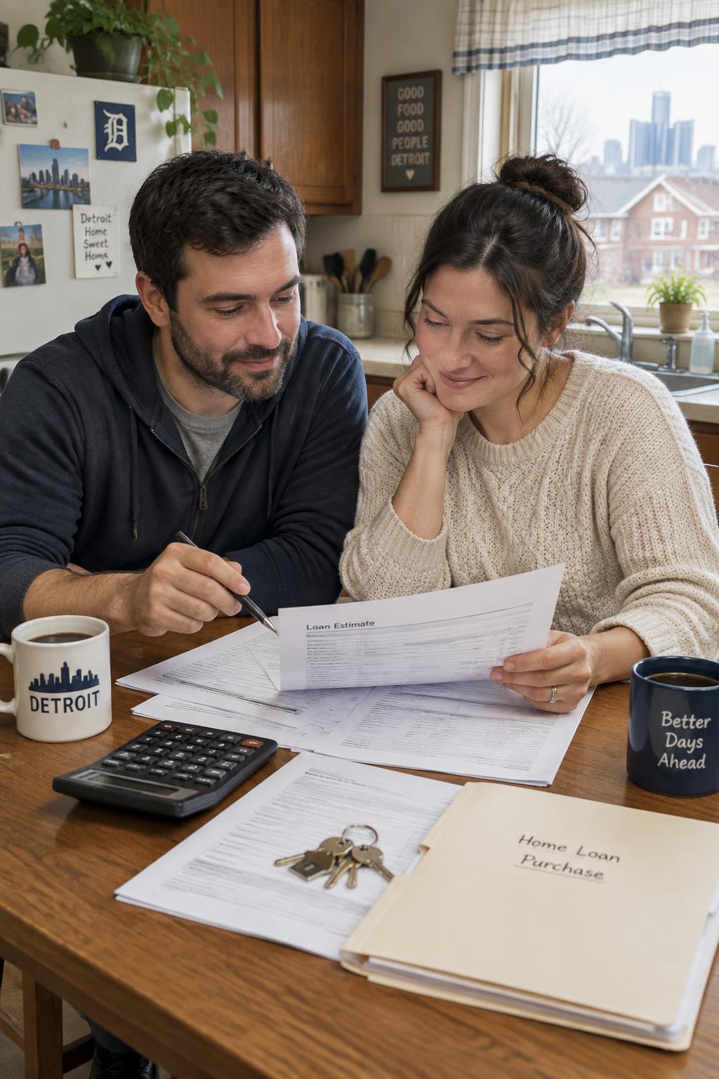 A first-time buyer couple reviewing down payment assistance paperwork at their kitchen table