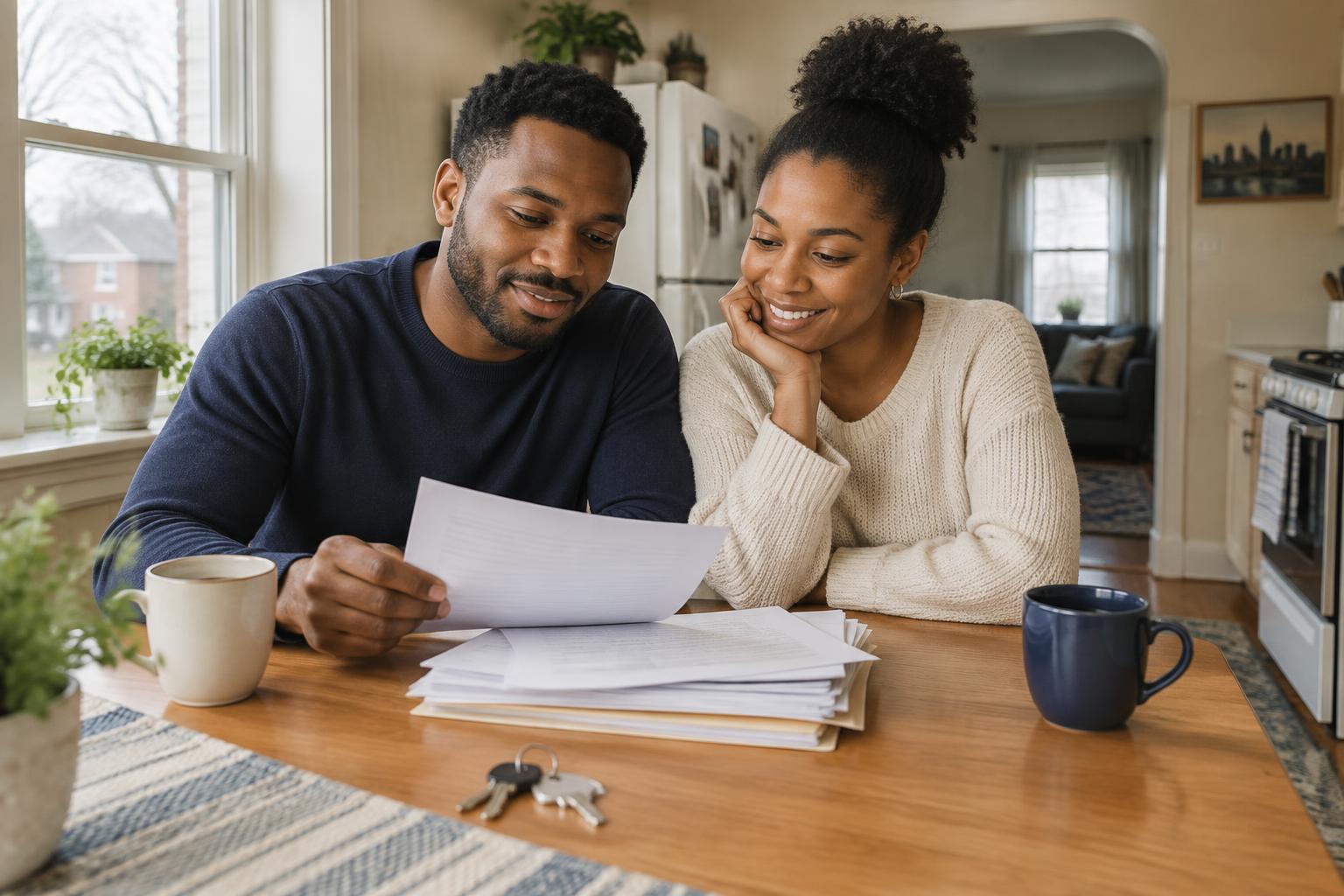 A couple reviewing their mortgage paperwork at the kitchen table before buying their first home in Metro Detroit