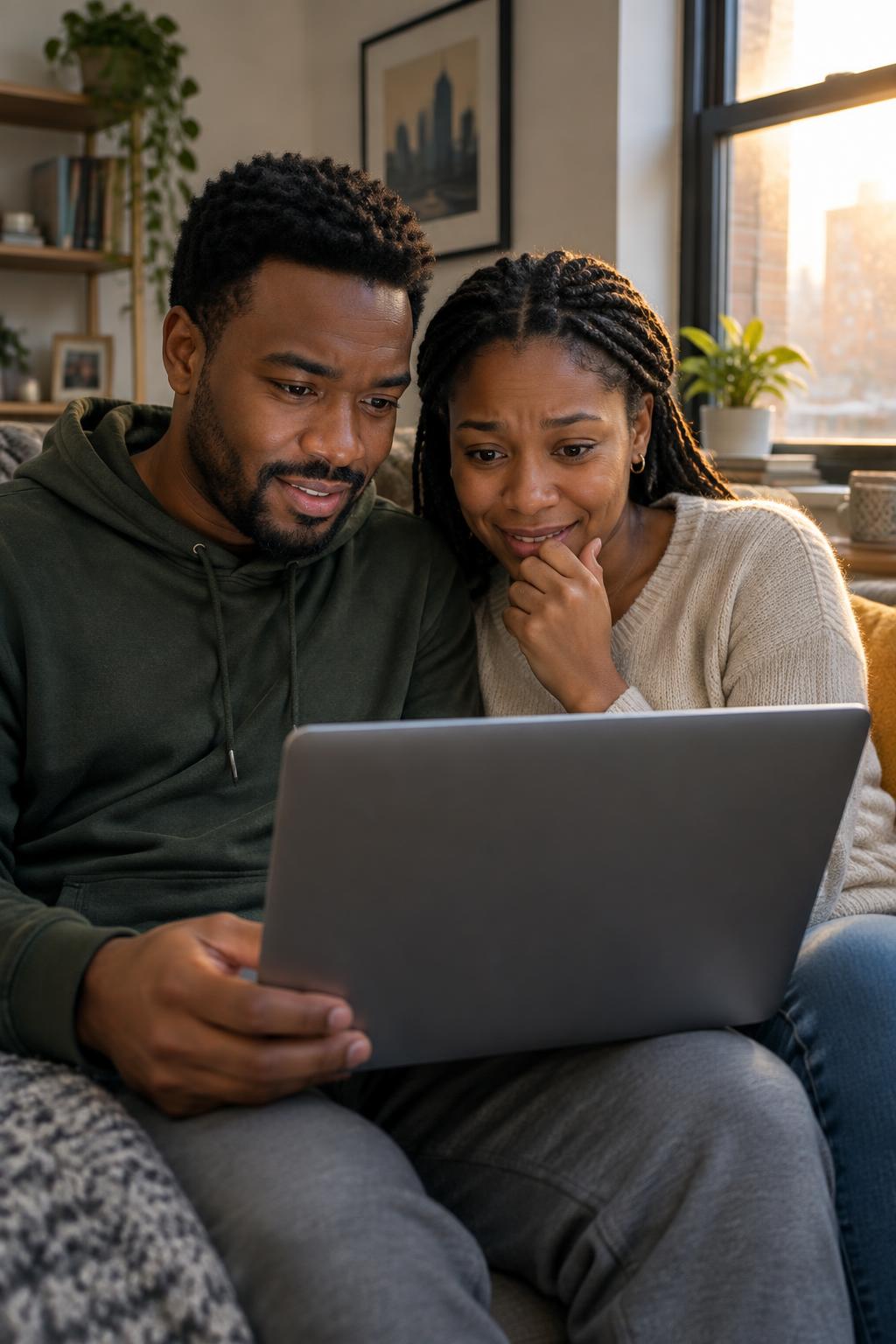 A first-time buyer couple reviewing their numbers together at home in Metro Detroit