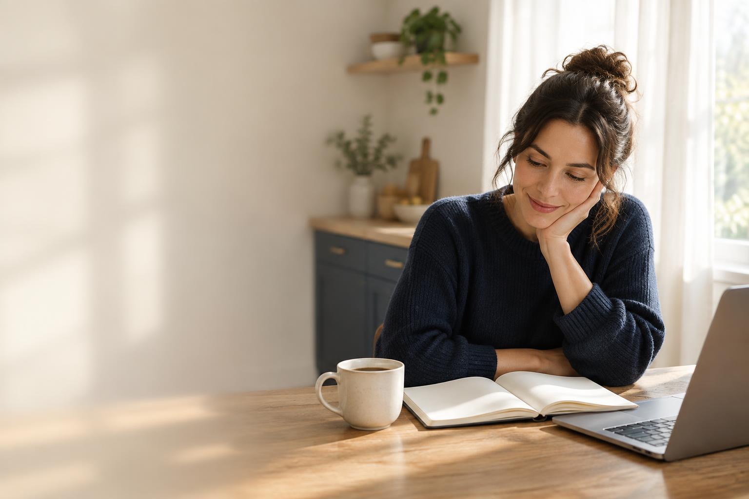 A first-time buyer reading through mortgage information at her kitchen table